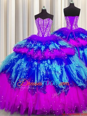 High End Bling-bling Visible Boning Ball Gowns Quinceanera Gowns Multi-color Sweetheart Tulle Sleeveless Floor Length Lace Up