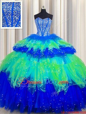 Bling-bling Visible Boning Multi-color Sleeveless Tulle Lace Up Quinceanera Gown for Military Ball and Sweet 16 and Quinceanera