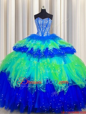 Bling-bling Visible Boning Multi-color Sleeveless Tulle Lace Up Quinceanera Gown for Military Ball and Sweet 16 and Quinceanera