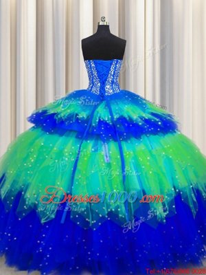 Bling-bling Visible Boning Multi-color Sleeveless Tulle Lace Up Quinceanera Gown for Military Ball and Sweet 16 and Quinceanera