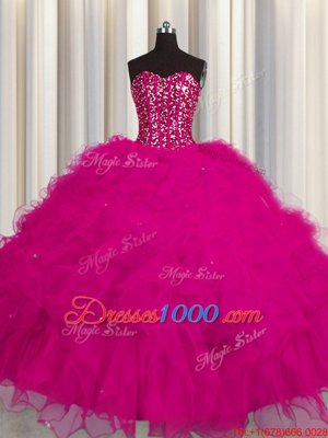 Dazzling Visible Boning Floor Length Fuchsia 15 Quinceanera Dress Tulle Sleeveless Beading and Ruffles and Sequins