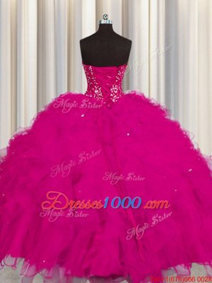 Dazzling Visible Boning Floor Length Fuchsia 15 Quinceanera Dress Tulle Sleeveless Beading and Ruffles and Sequins