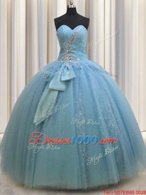 Wonderful Baby Blue Ball Gowns Beading and Sequins and Bowknot Vestidos de Quinceanera Lace Up Tulle Sleeveless Floor Length