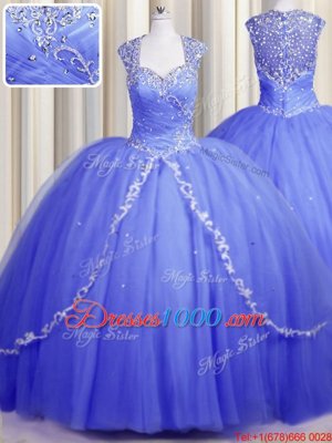 Affordable Zipper Up Cap Sleeves With Train Beading and Appliques Zipper Quinceanera Gown with Blue Brush Train