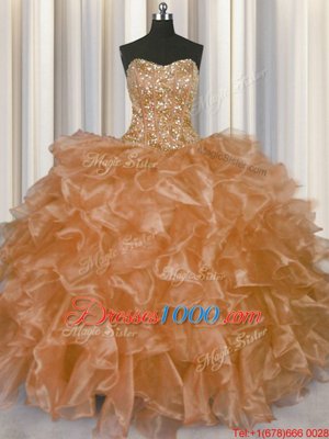 Custom Made Visible Boning Champagne Sleeveless Floor Length Beading and Ruffles Lace Up Sweet 16 Quinceanera Dress