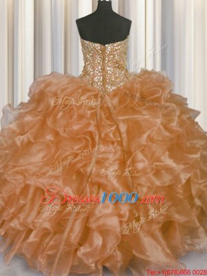 Custom Made Visible Boning Champagne Sleeveless Floor Length Beading and Ruffles Lace Up Sweet 16 Quinceanera Dress