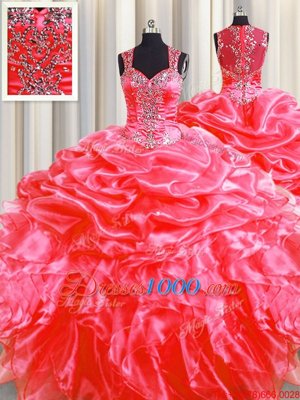 Modest Pick Ups Zipper Up See Through Back Coral Red Straps Zipper Beading and Ruffles Ball Gown Prom Dress Sweep Train Sleeveless