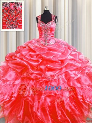 Modest Pick Ups Zipper Up See Through Back Coral Red Straps Zipper Beading and Ruffles Ball Gown Prom Dress Sweep Train Sleeveless