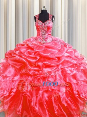 Modest Pick Ups Zipper Up See Through Back Coral Red Straps Zipper Beading and Ruffles Ball Gown Prom Dress Sweep Train Sleeveless