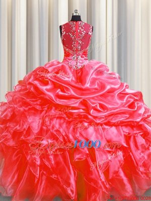 Modest Pick Ups Zipper Up See Through Back Coral Red Straps Zipper Beading and Ruffles Ball Gown Prom Dress Sweep Train Sleeveless