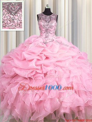 Scoop See Through Baby Pink Lace Up 15 Quinceanera Dress Beading and Ruffles and Pick Ups Sleeveless Floor Length