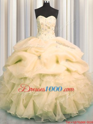Pick Ups Visible Boning Ball Gowns Sweet 16 Dress Peach Sweetheart Organza Sleeveless Floor Length Lace Up
