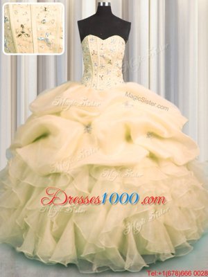 Pick Ups Visible Boning Ball Gowns Sweet 16 Dress Peach Sweetheart Organza Sleeveless Floor Length Lace Up