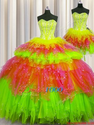 Artistic Three Piece Visible Boning Sleeveless Floor Length Beading Lace Up 15 Quinceanera Dress with Multi-color