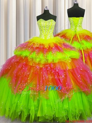 Artistic Three Piece Visible Boning Sleeveless Floor Length Beading Lace Up 15 Quinceanera Dress with Multi-color