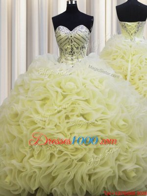 Deluxe Rolling Flowers Brush Train Floor Length Ball Gowns Sleeveless Light Yellow 15th Birthday Dress Lace Up