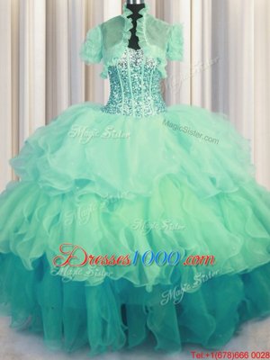 Best Zipple Up See Through Back Sleeveless Beading and Ruffles Floor Length 15 Quinceanera Dress