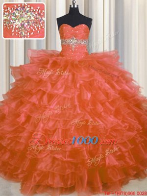 Fitting Floor Length Lace Up Vestidos de Quinceanera Orange Red and In for Military Ball and Sweet 16 and Quinceanera with Beading and Ruffled Layers
