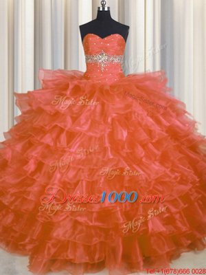 Fitting Floor Length Lace Up Vestidos de Quinceanera Orange Red and In for Military Ball and Sweet 16 and Quinceanera with Beading and Ruffled Layers