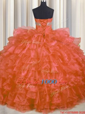 Fitting Floor Length Lace Up Vestidos de Quinceanera Orange Red and In for Military Ball and Sweet 16 and Quinceanera with Beading and Ruffled Layers