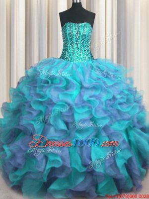 Noble Purple Ball Gowns Organza Strapless Sleeveless Appliques and Ruffles and Ruffled Layers Floor Length Lace Up Vestidos de Quinceanera