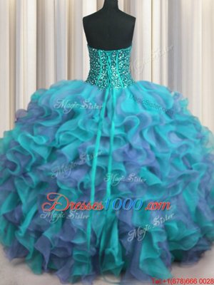 Noble Purple Ball Gowns Organza Strapless Sleeveless Appliques and Ruffles and Ruffled Layers Floor Length Lace Up Vestidos de Quinceanera