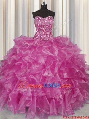 Visible Boning Fuchsia Lace Up Quince Ball Gowns Beading and Ruffles Sleeveless Floor Length