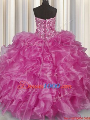 Visible Boning Fuchsia Lace Up Quince Ball Gowns Beading and Ruffles Sleeveless Floor Length