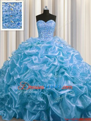 Glamorous Sleeveless Organza Floor Length Court Train Lace Up Vestidos de Quinceanera in Baby Blue for with Beading and Pick Ups