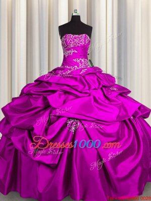Romantic Floor Length Lace Up Ball Gown Prom Dress Fuchsia and In for Military Ball and Sweet 16 and Quinceanera with Appliques and Pick Ups