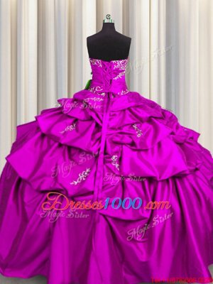 Romantic Floor Length Lace Up Ball Gown Prom Dress Fuchsia and In for Military Ball and Sweet 16 and Quinceanera with Appliques and Pick Ups