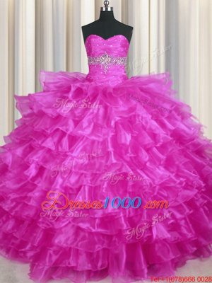 Lovely Beading and Ruffled Layers Quinceanera Gowns Fuchsia Lace Up Sleeveless Floor Length