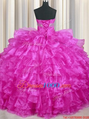 Lovely Beading and Ruffled Layers Quinceanera Gowns Fuchsia Lace Up Sleeveless Floor Length