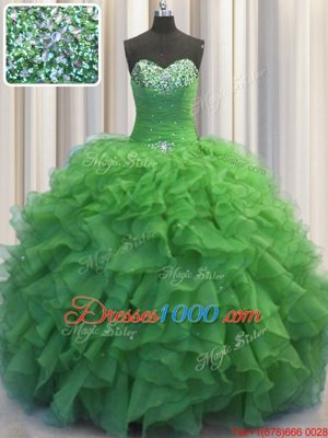 Suitable Beaded Bust Green Sweetheart Neckline Beading and Ruffles Quinceanera Gowns Sleeveless Lace Up