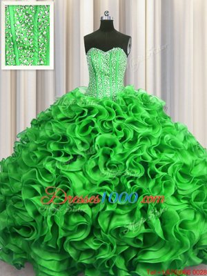 Visible Boning Green Sweetheart Neckline Beading and Ruffles Quinceanera Gowns Sleeveless Lace Up