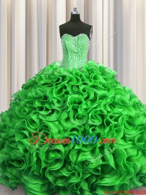 Visible Boning Green Sweetheart Neckline Beading and Ruffles Quinceanera Gowns Sleeveless Lace Up