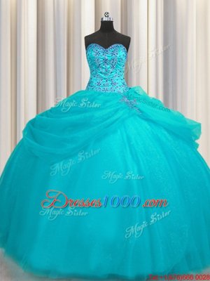 Extravagant Turquoise Quinceanera Dress Strapless Sleeveless Sweep Train Lace Up