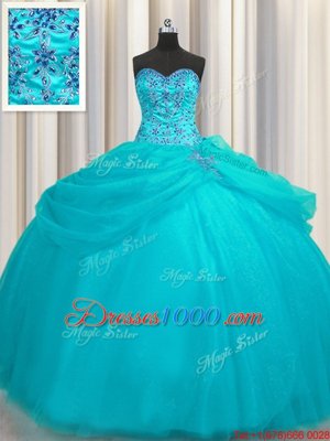 Extravagant Turquoise Quinceanera Dress Strapless Sleeveless Sweep Train Lace Up