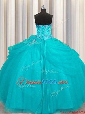 Extravagant Turquoise Quinceanera Dress Strapless Sleeveless Sweep Train Lace Up