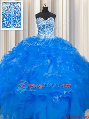 Custom Design Visible Boning Beaded Bodice Blue Sweet 16 Dresses Military Ball and Sweet 16 and Quinceanera and For with Beading and Ruffles Sweetheart Sleeveless Lace Up