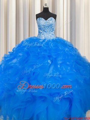 Custom Design Visible Boning Beaded Bodice Blue Sweet 16 Dresses Military Ball and Sweet 16 and Quinceanera and For with Beading and Ruffles Sweetheart Sleeveless Lace Up