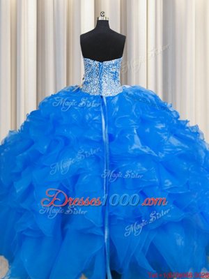 Custom Design Visible Boning Beaded Bodice Blue Sweet 16 Dresses Military Ball and Sweet 16 and Quinceanera and For with Beading and Ruffles Sweetheart Sleeveless Lace Up