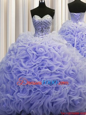 Lavender Fabric With Rolling Flowers Lace Up Sweetheart Sleeveless 15 Quinceanera Dress Brush Train Beading and Pick Ups