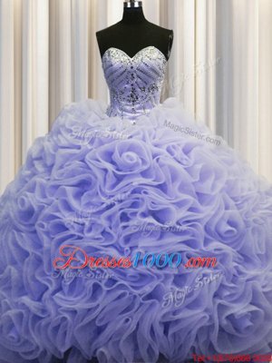 Lavender Fabric With Rolling Flowers Lace Up Sweetheart Sleeveless 15 Quinceanera Dress Brush Train Beading and Pick Ups