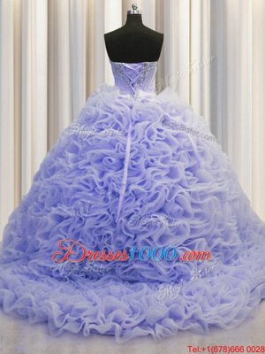 Lavender Fabric With Rolling Flowers Lace Up Sweetheart Sleeveless 15 Quinceanera Dress Brush Train Beading and Pick Ups