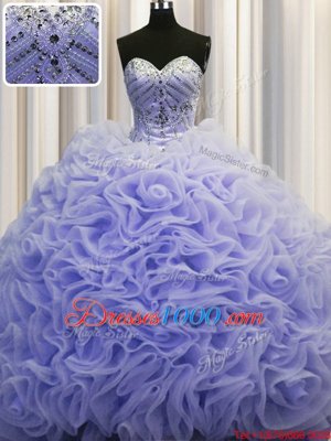 Lavender Fabric With Rolling Flowers Lace Up Sweetheart Sleeveless 15 Quinceanera Dress Brush Train Beading and Pick Ups