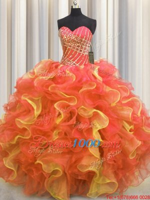 Sweetheart Sleeveless Quinceanera Dresses Floor Length Beading and Ruffles Multi-color Organza