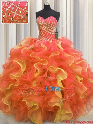 Sweetheart Sleeveless Quinceanera Dresses Floor Length Beading and Ruffles Multi-color Organza