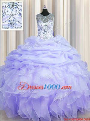 Hot Sale See Through Lavender Quinceanera Dress Military Ball and Sweet 16 and Quinceanera and For with Beading and Ruffles and Pick Ups Scoop Sleeveless Lace Up