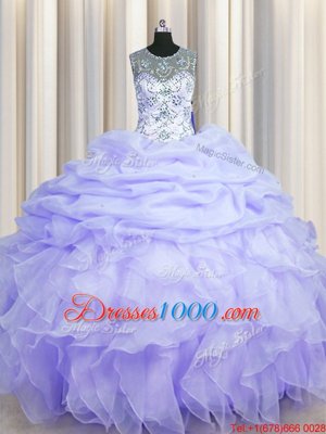 Hot Sale See Through Lavender Quinceanera Dress Military Ball and Sweet 16 and Quinceanera and For with Beading and Ruffles and Pick Ups Scoop Sleeveless Lace Up